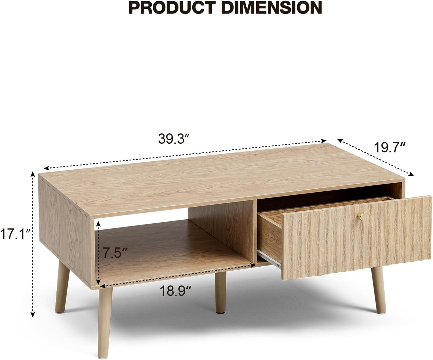 Coffee Table with Storage, Boho Dining Table with Fluted Drawer and Solid Wood Legs, Small Coffee Tables for Living Room, Oak