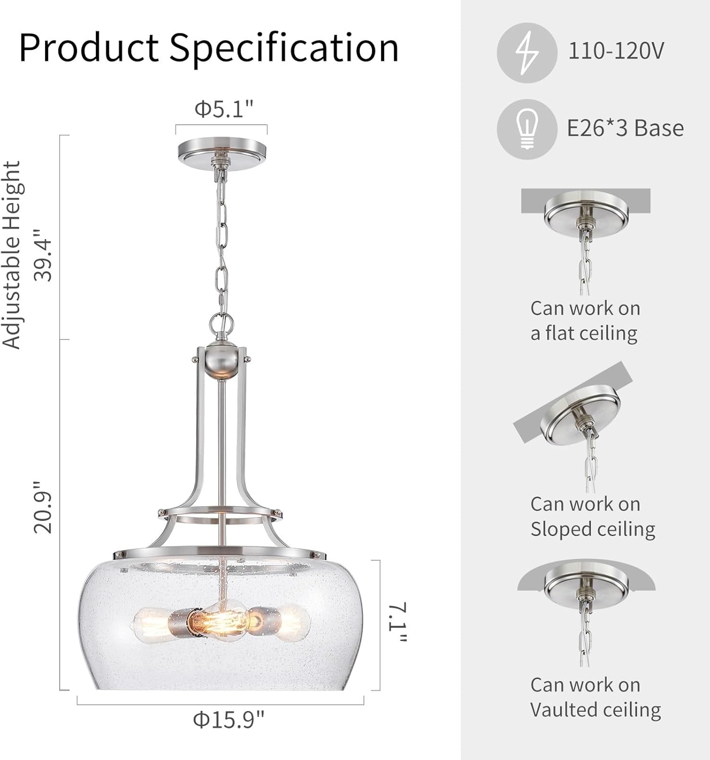 WUZUPS Chandelier Rustic Farmhouse Industrial Round Ceiling Pendant LED Light Fixture Clear Seeded Glass Shade for Dining Room Kitchen Island Foyer Entryway, H 20.9" x W 15.9", Brushed Nickel