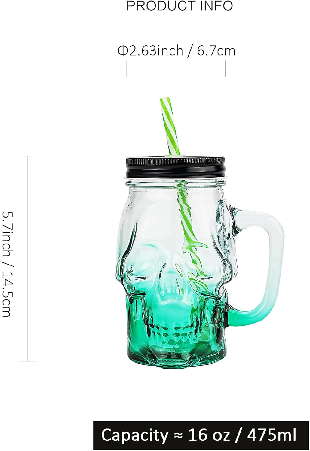 Halloween Cups Set of 4 - Green Skull Glass Drinking Jar with Lids and Straws - Halloween Decor, Drinking Glasses 16 oz