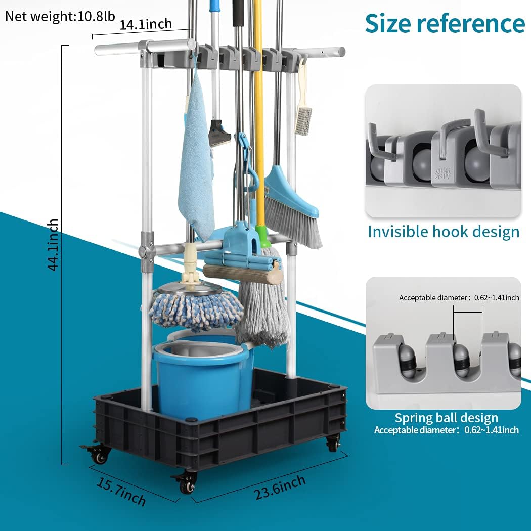 Broom And Mop Holder Put Wet Mops Movable Floor-Mounted Mop Rack Floor Standing Cleaning Tool Cart Storage For Garden Garage Schools, Hospitals, Factories, Hotels,Property Companies (12racks)