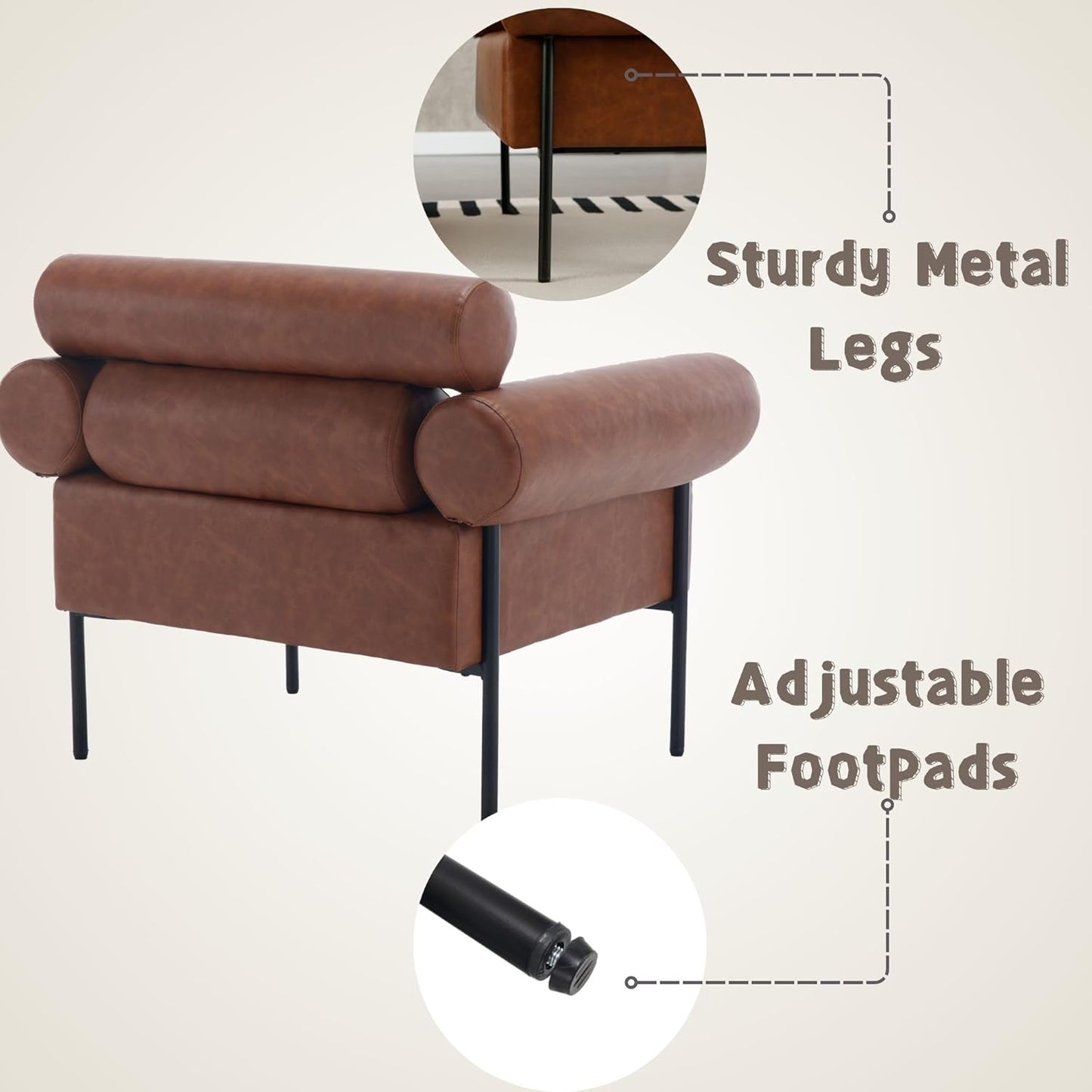 Modern Accent Chairs Set of 2, Single Sofa Accent Chairs for Living Room, Oversized Upholstered Leather Mid-Century Office Reading Armchairs with Channel Tufted for Bedroom, Brown