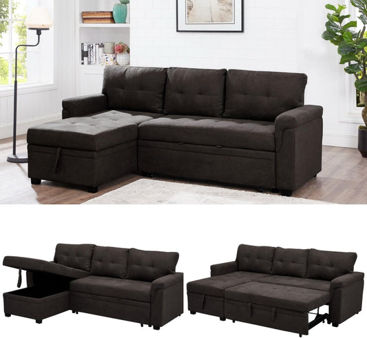 Naomi Home Transform Any Space: Sleeper Sectional Sofa with Convertible Sofa Bed & Inviting Chaise. Find Tranquil Comfort with Stress-Relieving Design & Durable Cushions - Espresso/Velvet
