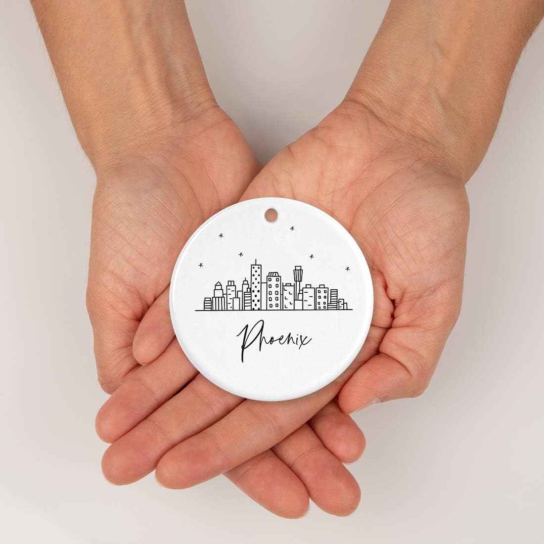 Andaz Press Round Ceramic Porcelain Christmas Tree Ornament Keepsake, Phoenix Black and White Stars City Skyline Graphic, 1-Pack, Birthday Gift Idea for Family Coworker Him Her, Includes Gift Box
