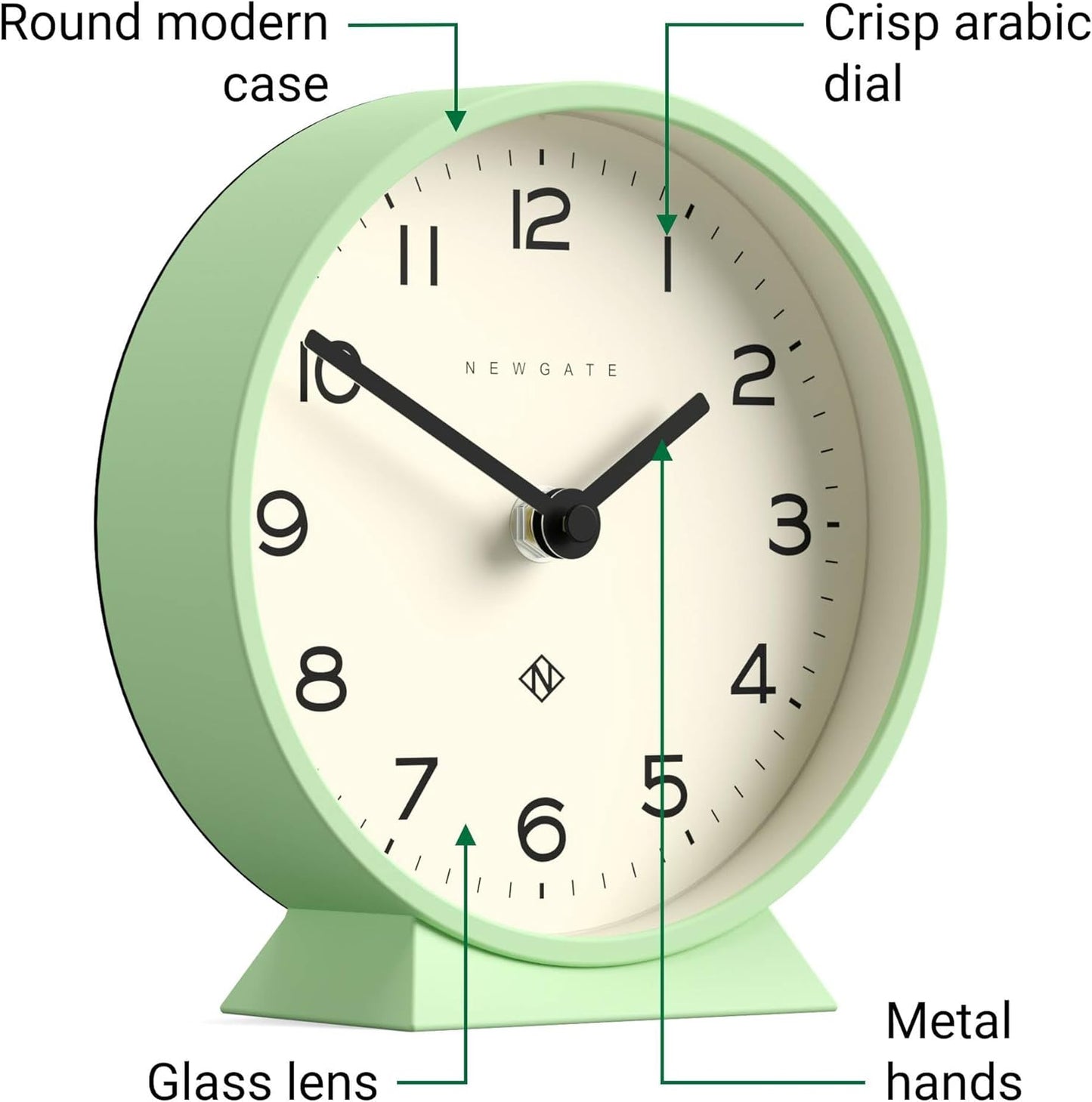 NEWGATE® M Mantel Echo Desk Clock | Modern Round Design | Neo Mint Green | Easy to Read Numbers | Contemporary Style for Desk, Table, Shelf or Bedside