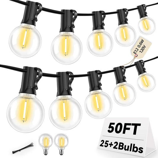 50FT G40 LED String Lights with 25 Shatterproof Bulbs (2 Spares), E12 Sockets, 2700K Warm White, eatherproof Patio Lighting for Garden,Backyard,Party,Wedding,Porch,Deck,Gazebo,Bistro,Camping