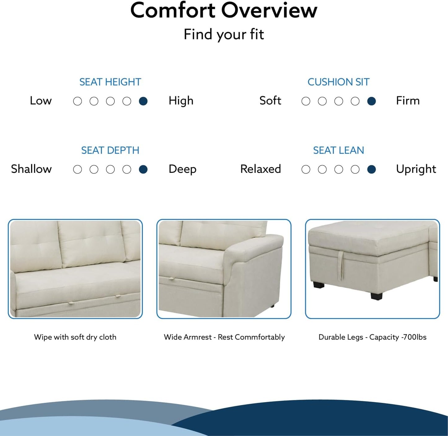 Naomi Home Transform Any Space: Sleeper Sectional Sofa with Convertible Sofa Bed & Inviting Chaise. Find Tranquil Comfort with Stress-Relieving Design & Durable Cushions - Cream/Velvet