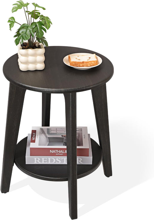 Round Side Table Black Gold Wooden End Table with Lower Shelf Rustic Vintage Nightstand Beside Table for Living Room Bedroom Small Spaces