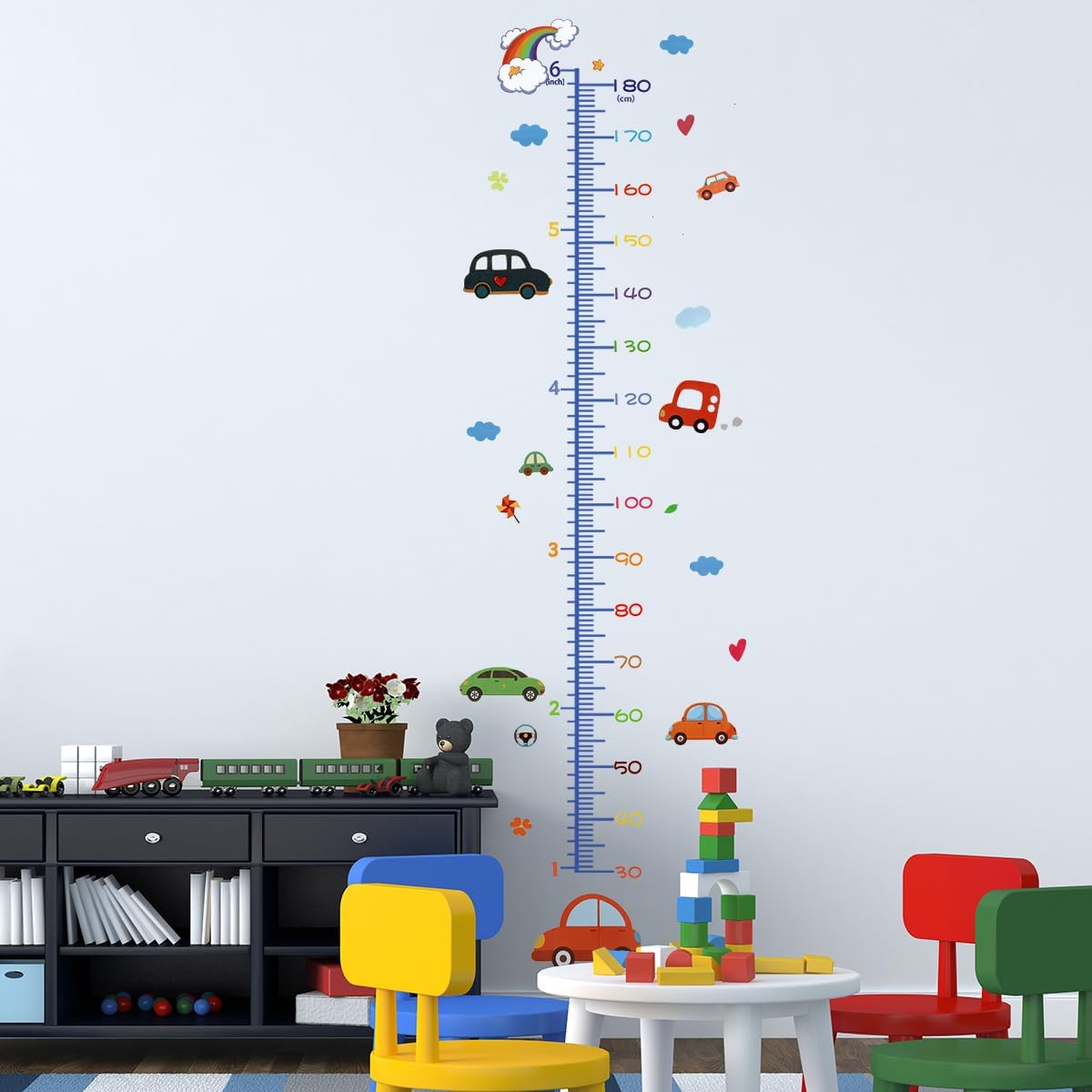 Cartoon Car Self-adheve Vinyl Nursery Wall Decal Baby Growth Chart Sticker for Bedroom Play Room