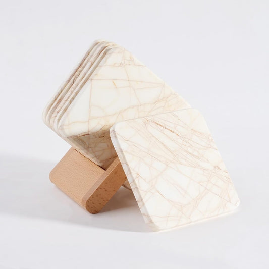 BCS Square Marble Coasters Set of 6 with Holder - Modern Stone Drink Coasters for Tables, Durable Cup Mats for Coffee, Wine, Beer - Elegant Home & Bar Decor Present