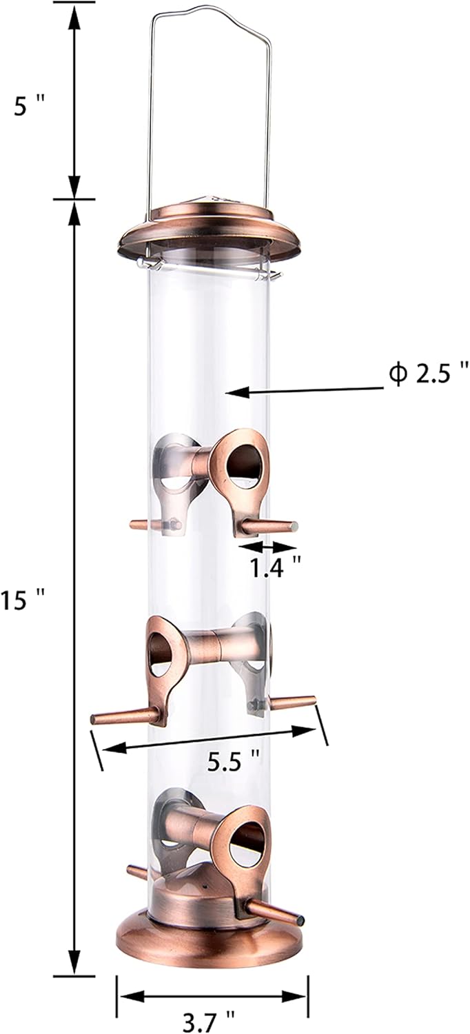 iBorn Metal Bird Feeders Brushed Copper Wild Bird Feeder for Outdoors Hanging All Metal Brushed Copper Finishing 14 Inch 6 Port(Seed is not Included)
