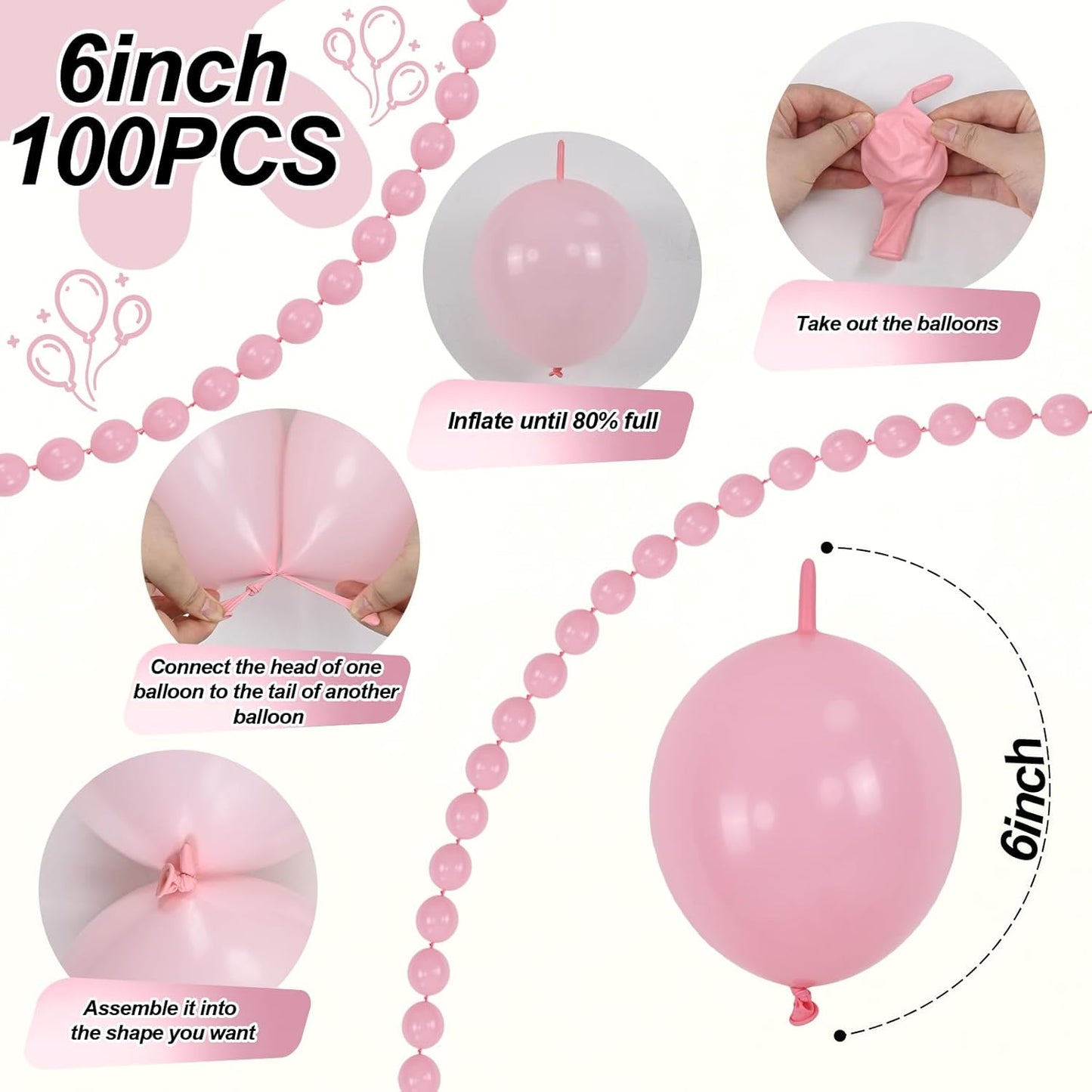 Pastel Pink Quick Link Balloons, 60PCS 10 Inch Baby Pink Linking Balloons for Making Balloon Wall Heart Arch, Tails Balloon for Girls Wedding Birthday Baby Shower Valentine's Party Decorations