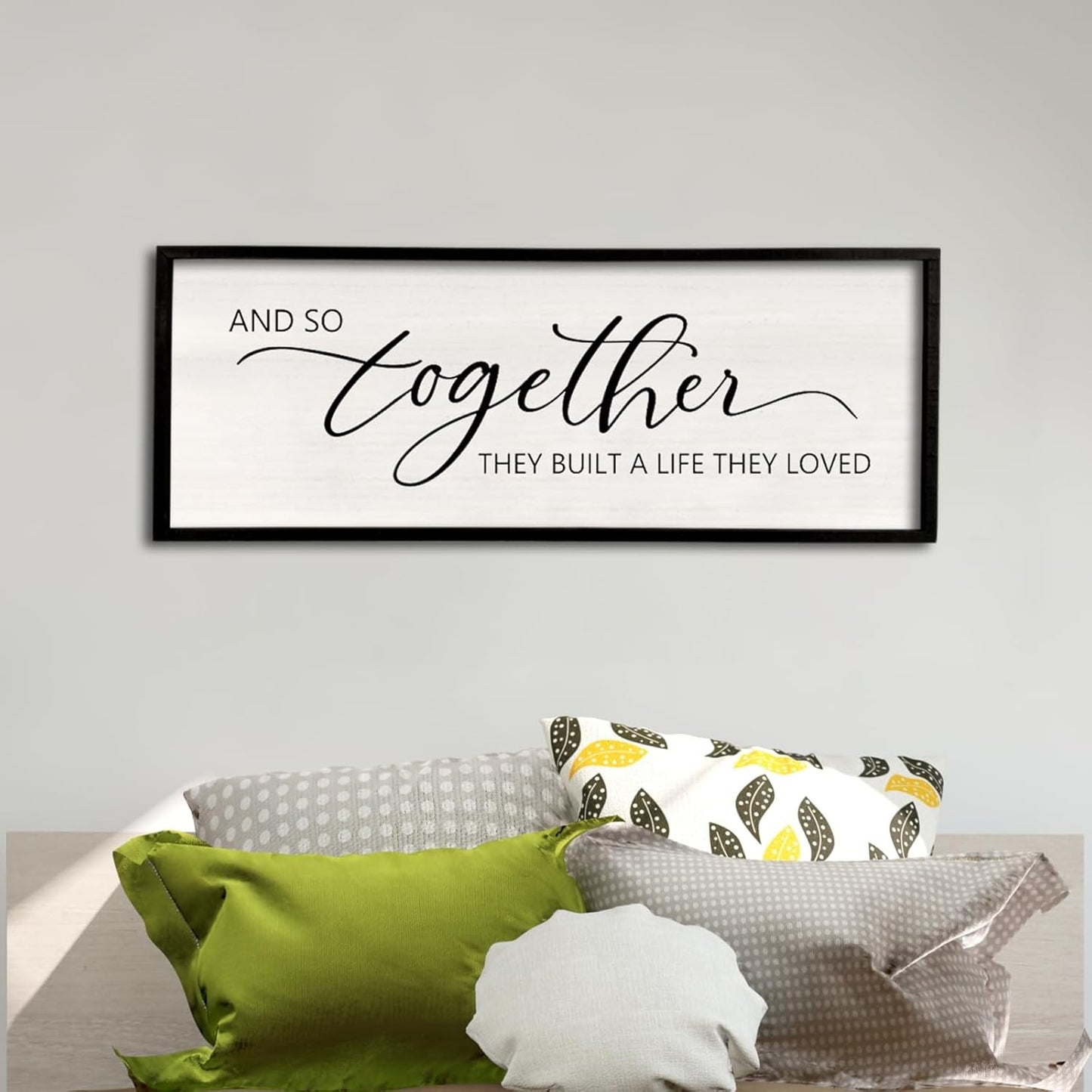 And So Together They Built A Life They Loved Framed Wood Farmhouse Sign - 32'X12' Master Bedroom Above Bed Wall Art for Love Sign Decor (Black)