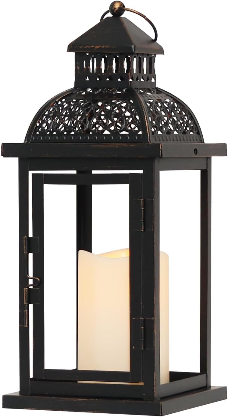 DECORKEY No Glass Lanterns Decorative Indoor & Outdoor, 15'' Candle Lantern Decorative Christmas Indoor Outdoor Decor, Vintage Metal Hanging Lanterns with LED Candle for Patio, Front Porch,Yard, Table