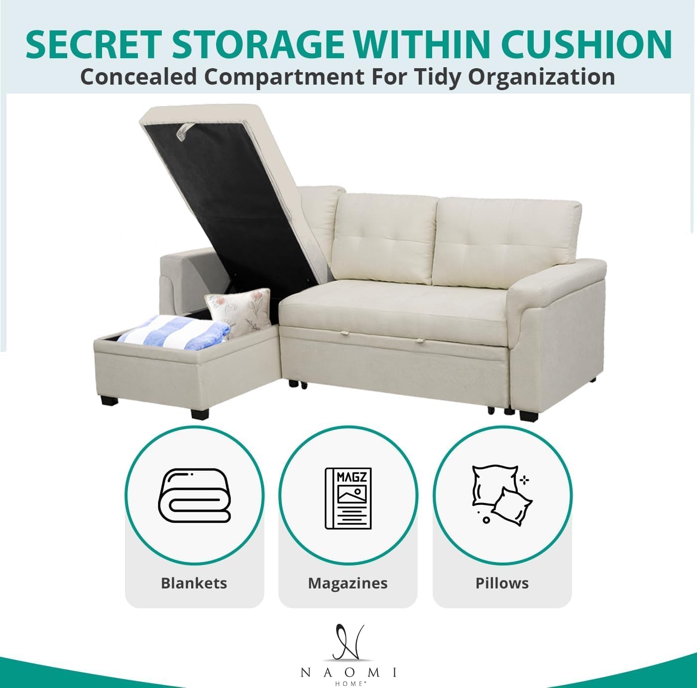 Naomi Home L-Shaped Reversible Sectional Sofa with Pull-Out Sleeper Bed and Storage Chaise, Cream Velvet