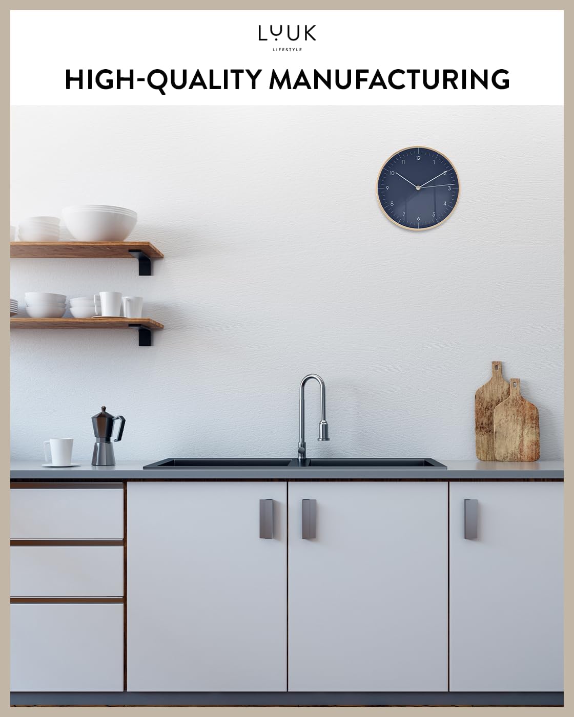 LUUK LIFESTYLE Modern Quartz Wall Clock with Silent Movement, Scandinavian Design, Kitchen and Living Room Clock, Gift idea, Trendy Home Decor, 10 inch, in Dark Blue and Gold