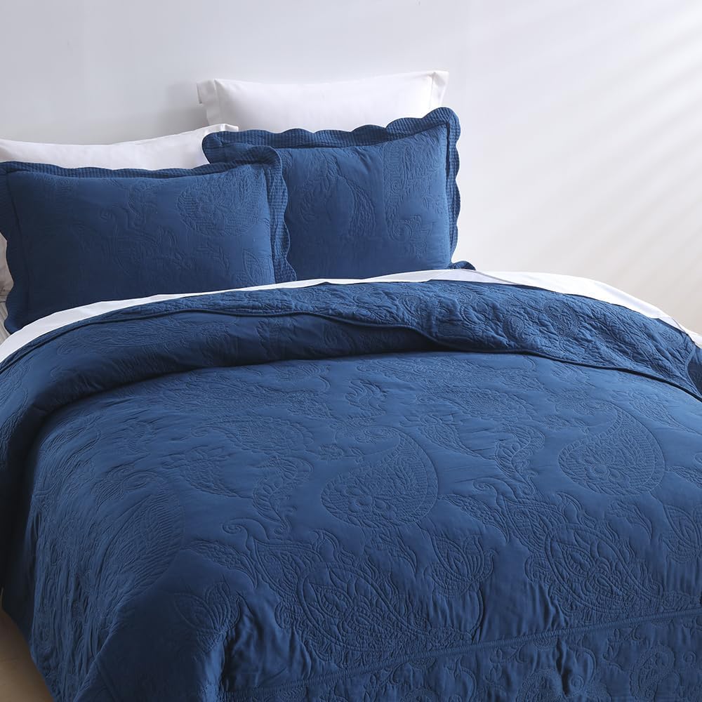 Cotton Bedspread Quilt Sets, Real Patchwork Bedding Sets with Luxury Floral Paisley Pattern, 3 Pieces Reversible Soft Lightweight Coverlet for All Season, Navy Blue, Queen Size