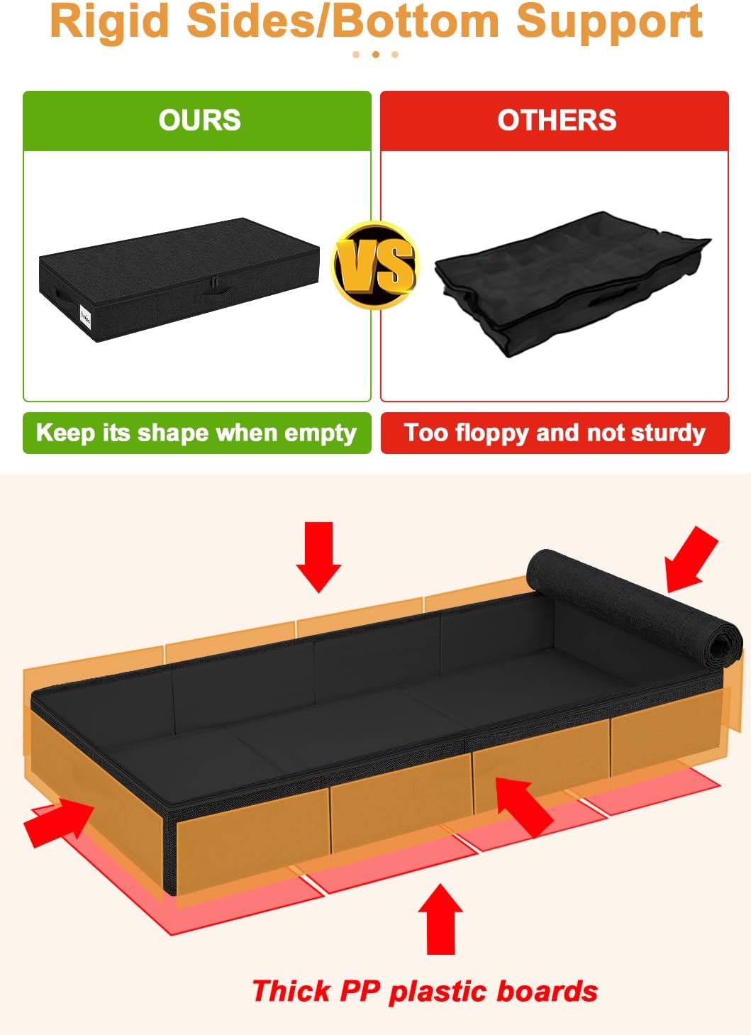 punemi Under Bed Storage Containers, 4.5 Inches Tall Low Profile Underbed Clothes Storage Organizer Bin with Sturdy Side & Bottom, Use as Shallow Dorm Storage Under Bed, Flat Clothes Organizer, Black