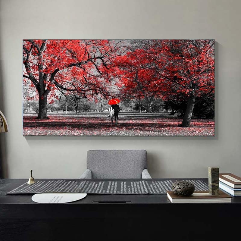 Bamdeya Wall Art for Bedroom Black and White Red Wall Decor Scenery Tree Prints Art Forest Canvas Painting Artwork Living Room Decor Large Framed Picture Home Decoration-24x48inches