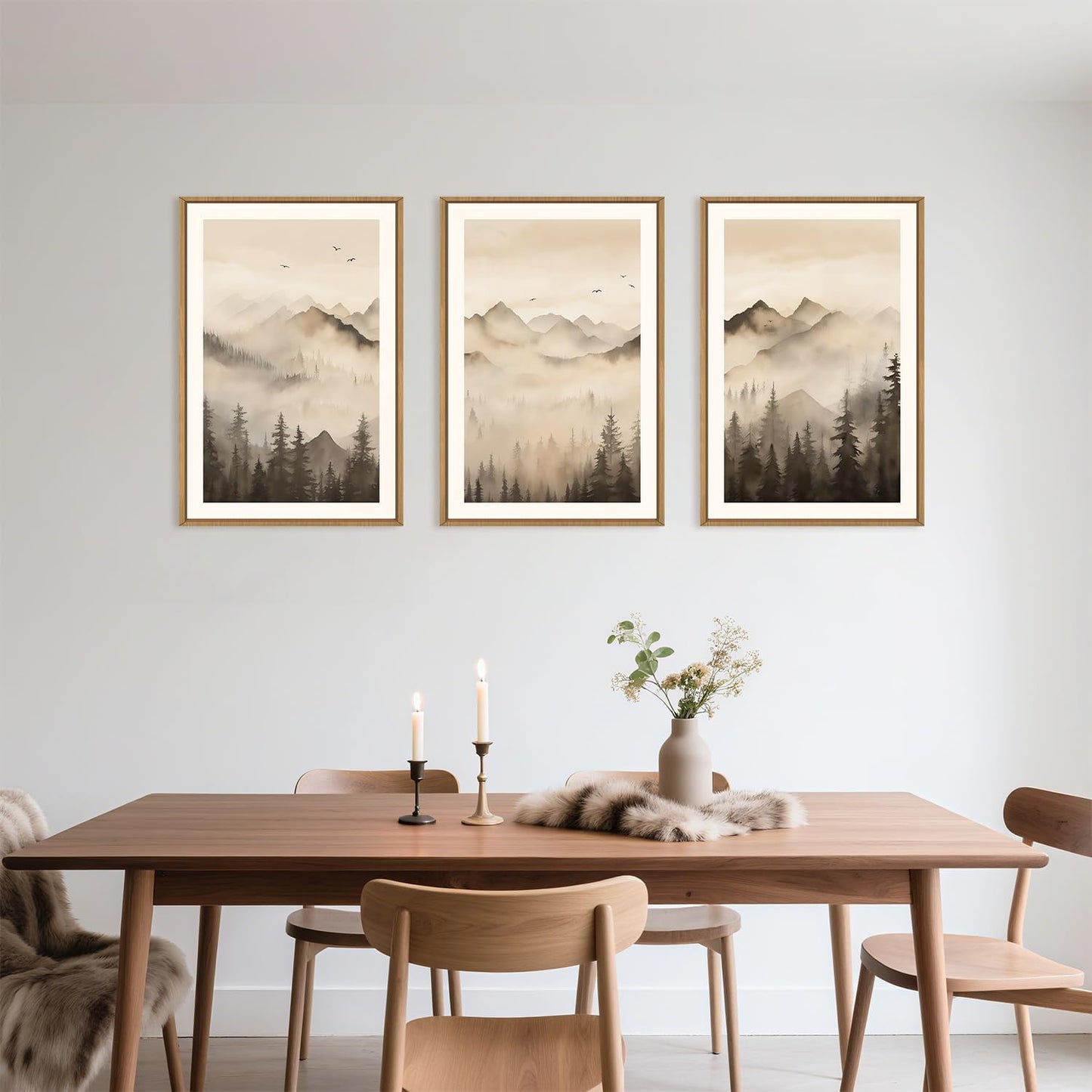 Celestdeco Nature Misty Forest Framed Canvas Wall Art Set, Foggy Landscape Wall Decor, Watercolor Pine Tree Wall Painting, Large Mountains Art Print for Living Room, Bedroom, Office - 16"X24"X3