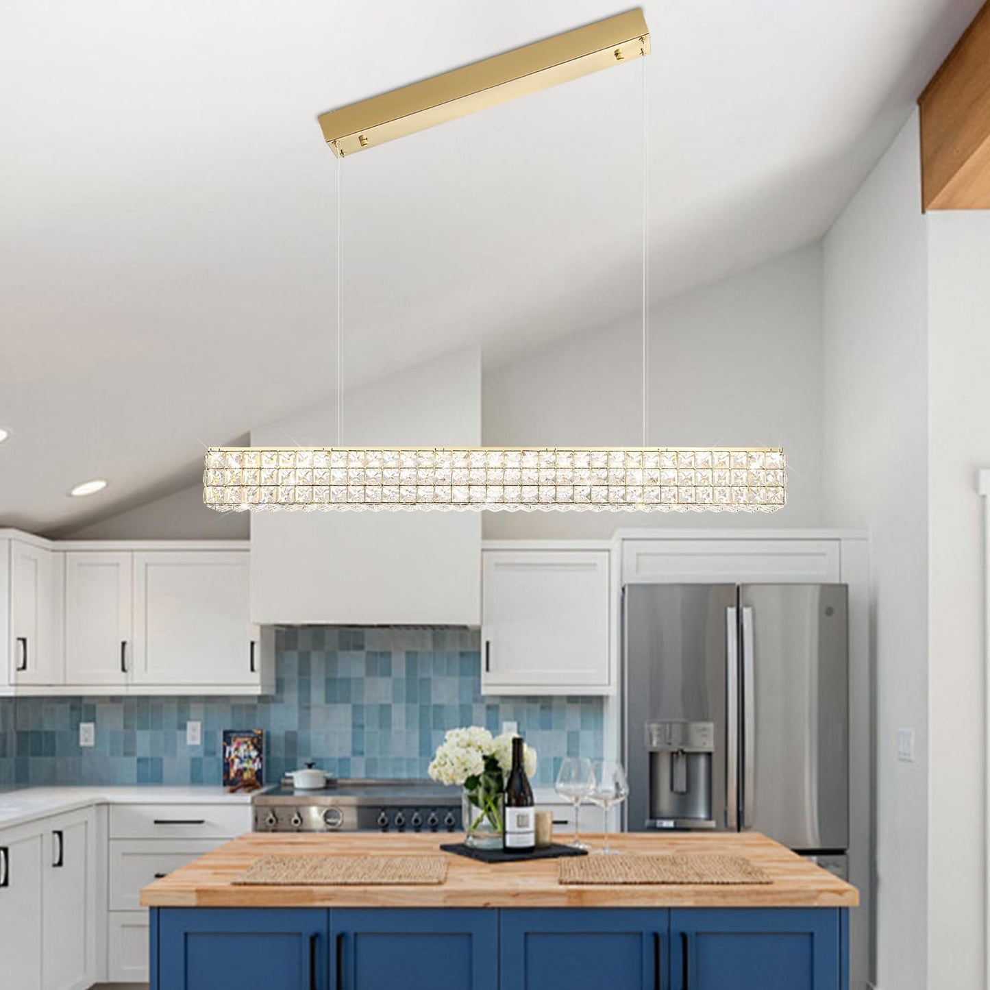 Rectangle Crystal Chandelier Modern Gold Crystal Chandelier Rectangular Pendant Lighting Fixture for Dining Room Kitchen Island Bedroom (L 40")