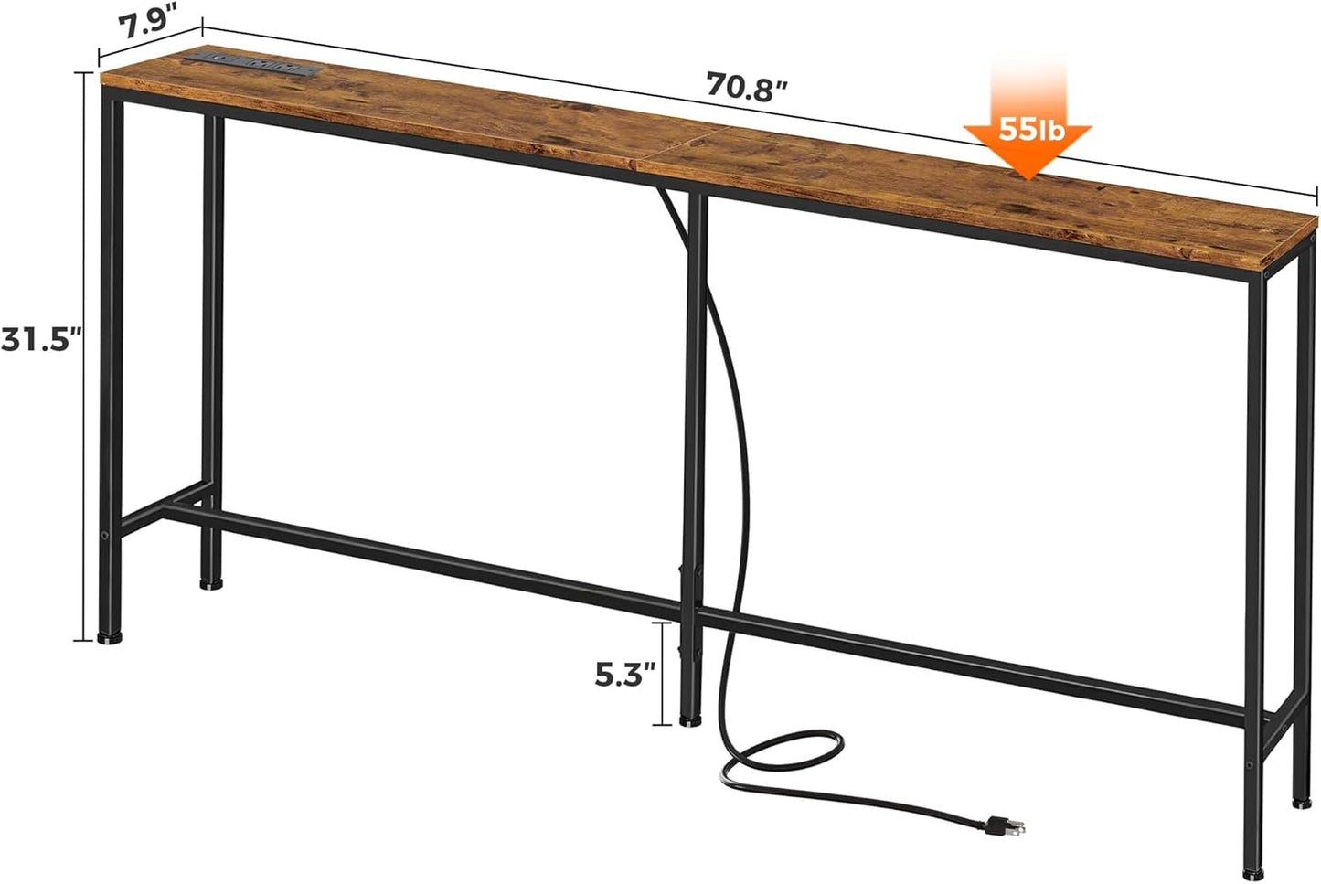 SUPERJARE 70 Inch Console Table with Outlet, Sofa Table with Charging Station, Narrow Entryway Table, Skinny Hallway Table, for Living Room, Rustic Brown