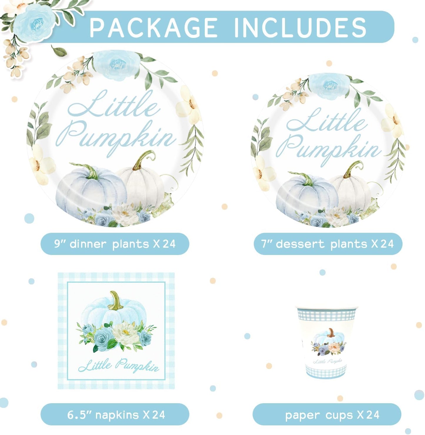 Aukolass Pumpkin Party Supplies Tableware Set - Fall Theme Party Decorations Including Plates, Napkins and Cups for Pumpkin Birthday and Baby Shower Party, Serves 24 Guests (blue)