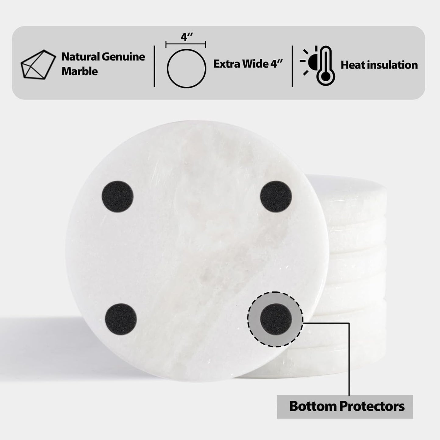 BCS Marble Coasters Set of 6 - Premium White Stone Coasters for Drinks with Holder - Cup Mats for Coffee, Tea, Beer, Wine - Elegant Table Decor for Home, Office, Dining