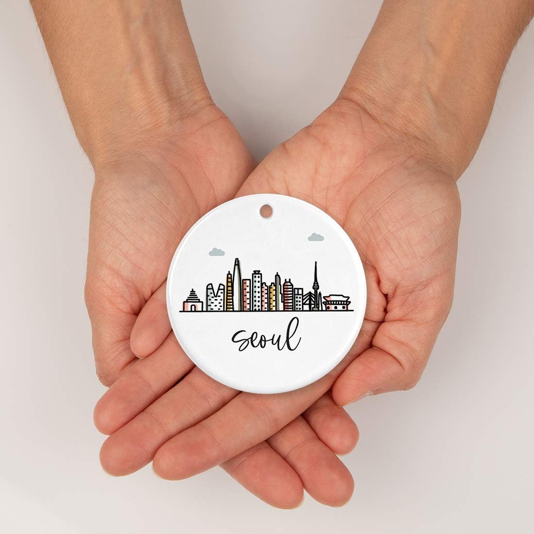 Andaz Press Round Ceramic Porcelain Christmas Tree Ornament Keepsake Gift, Seoul, Colorful International City Skyline Graphic, 1-Pack, Birthday Ideas Family Coworker Him Her, Gift Box