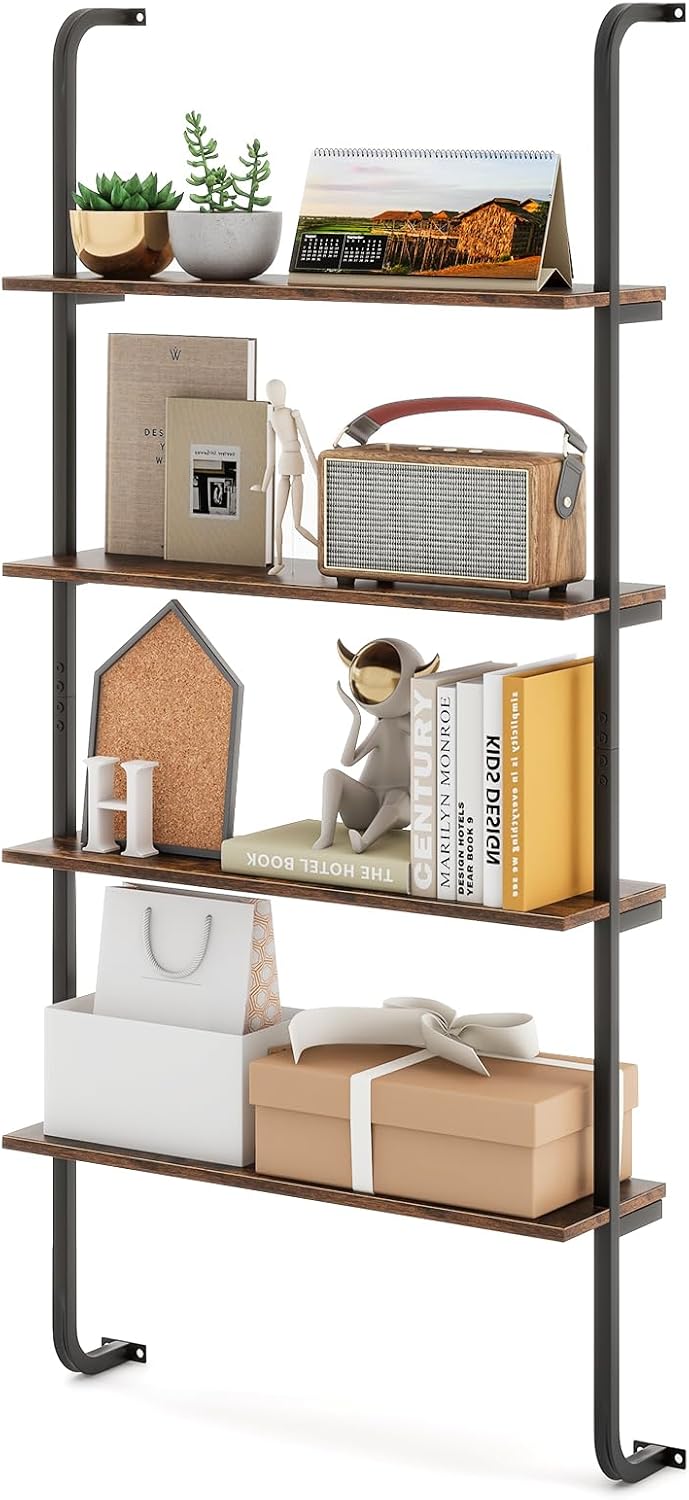 Giantex 4-Tier Industrial Bookshelf, Wall Mounted Pipe Shelving Unit, Floating Shelves with Metal Frame, Hanging Wall Display Shelf, Wood Ladder Bookshelf for Living Room, Kitchen, Rustic Brown