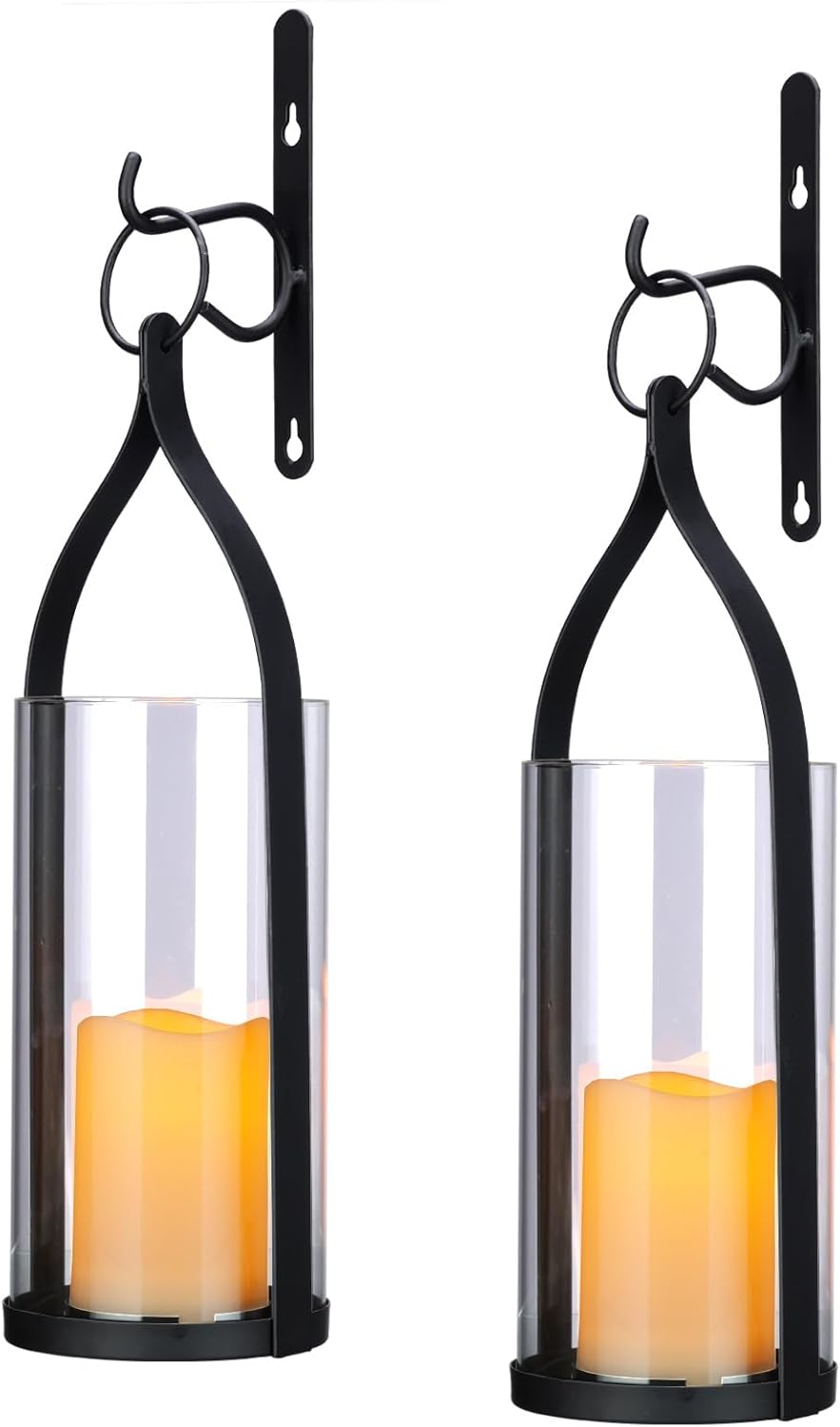 Metal Wall Sconce Candle Lantern Set of 2 - Black Wall Mounted Hanging Holder with Glass & Candles Vintage Wall Decor for Porch, Living Room, Dining Room, Bedroom Indoor Decor