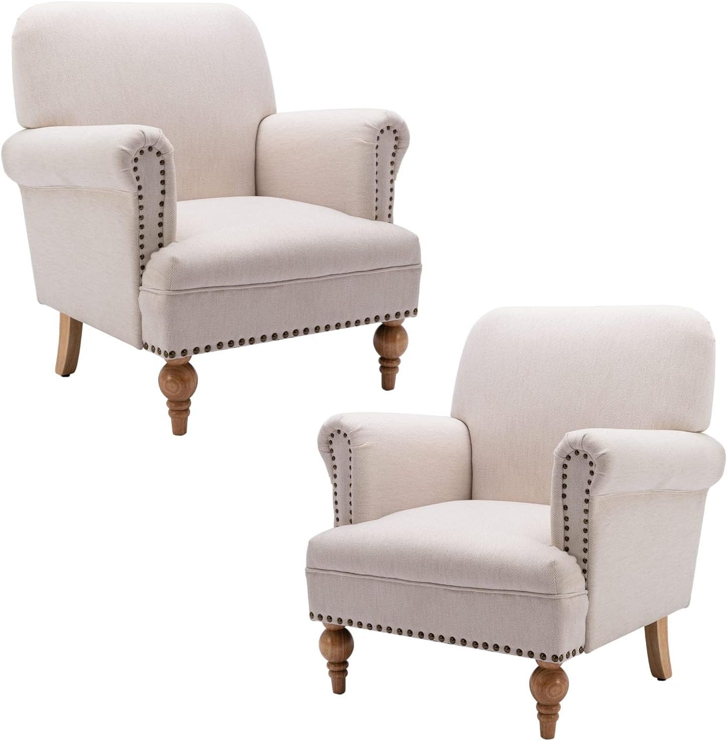 chairus Linen Accent Chair for Living Room Set of 2 Upholstered Mid Century Modern Single Sofa Chair with Solid Wood Legs Comfy Reading Chair Armchair for Bedroom/Office Room/Recption/Lounge, Cream