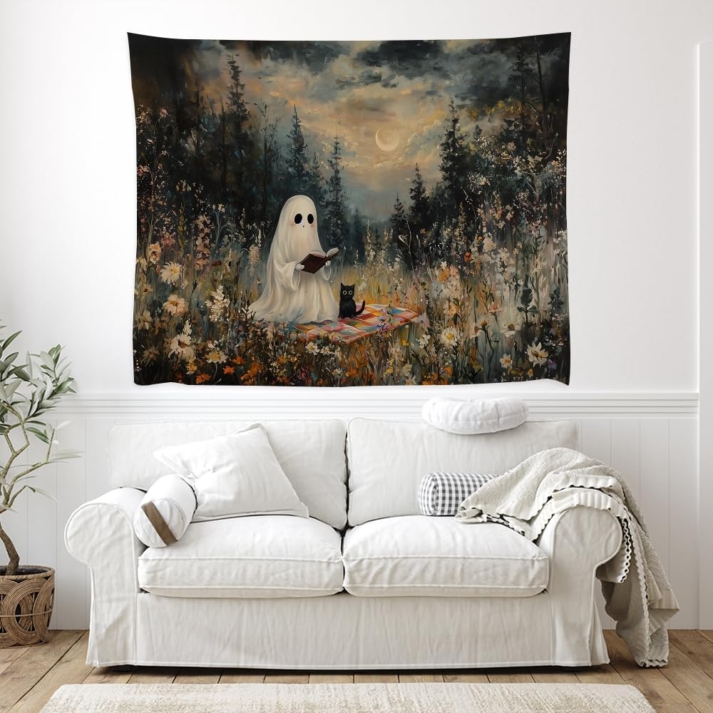 Halloween Ghost and Black Cat Tapestry Wall Hanging Spooky Ghos Reading Book in Wildflowers Wall Decor Halloween Witchy Room Aesthetic Tapestries for Goth Living Room Bedroom Decoration 40x60inch