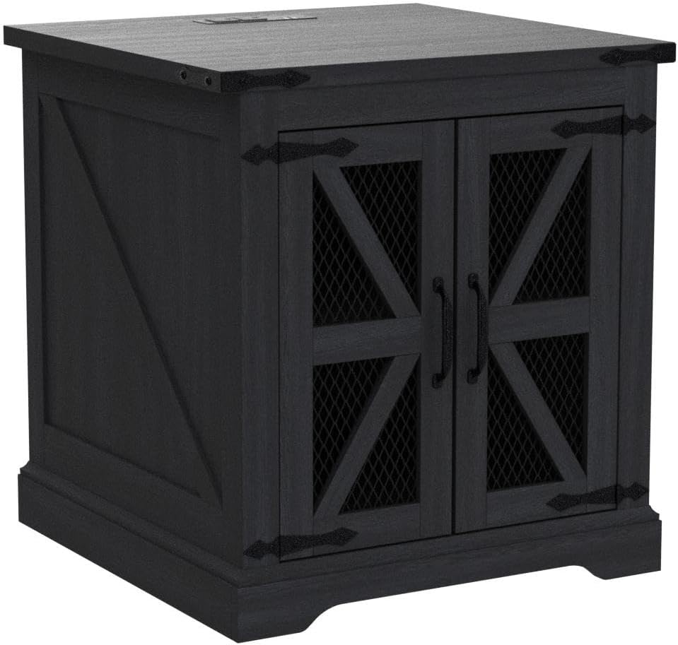 JXQTLINGMU Farmhouse End Table, 24" Large Sofa Side Table with Charging Station, Mesh Barn Door, and Adjustable Storage Shelf, Rustic Wood Square Nightstand for Living Room, Bedroom, Office, Black