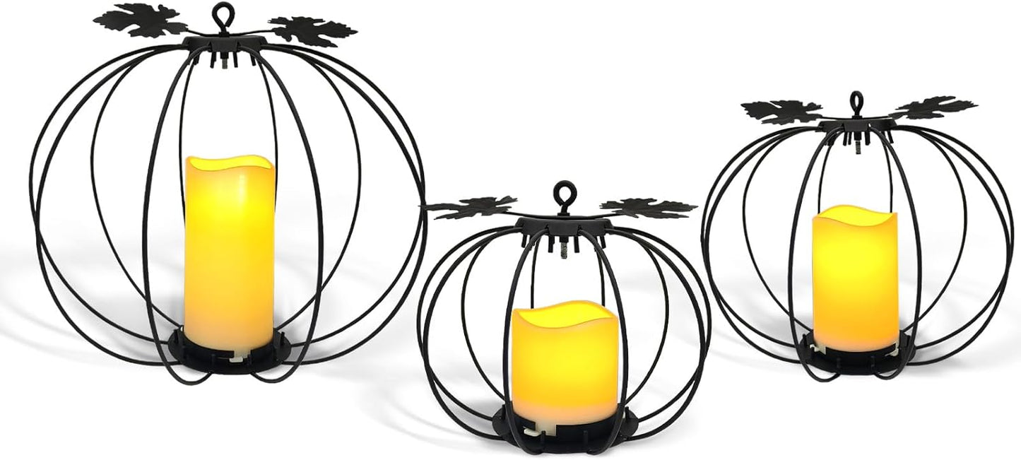 Halloween Metal Pumpkin Candle Holder, 3 Pcs Light up Black Pumpkin Lantern with LED Flickering Yellow Candle Lights Build in Timer for Thanksgiving Halloween Harvest Fall Home Decor