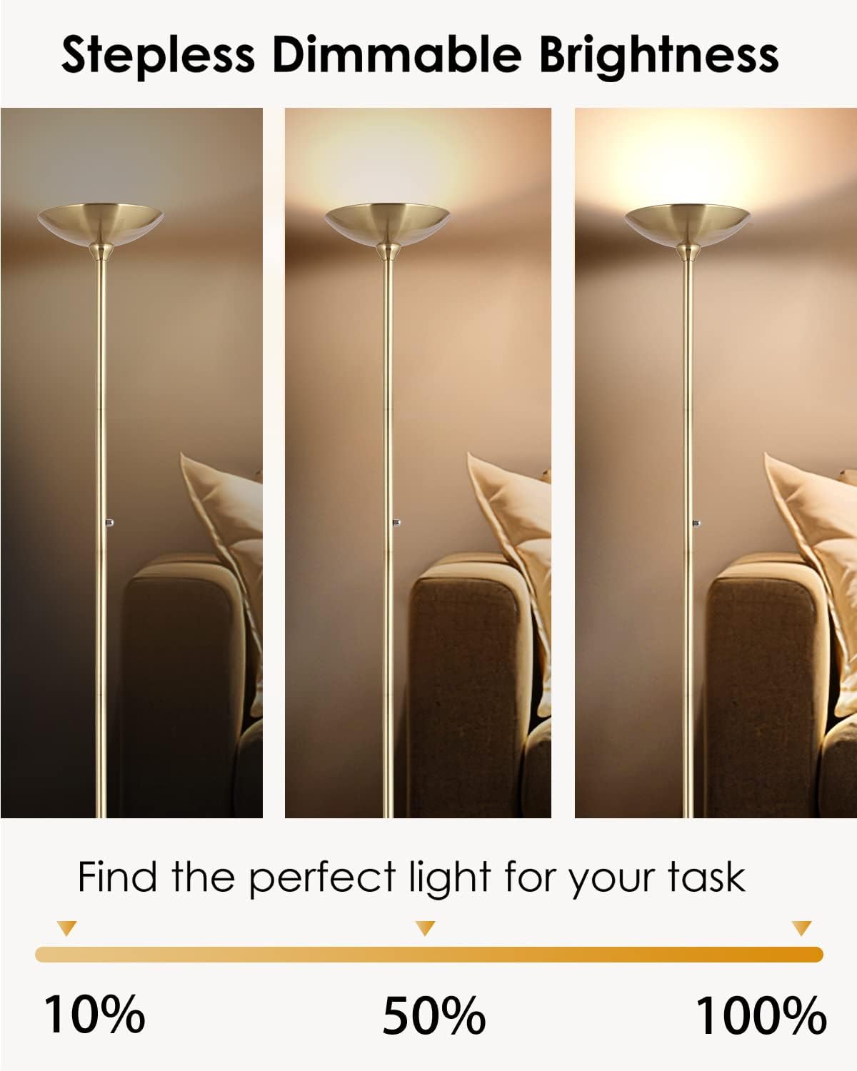 BoostArea Torchiere Floor Lamp Gold, 30W Super Bright LED Standing Lamp, 3000K Stepless Dimmable Pole Lamp with Rotary Switch, 70 Inch Tall Metal Modern Floor Lamps for Living Room/Bedroom/Office/Den