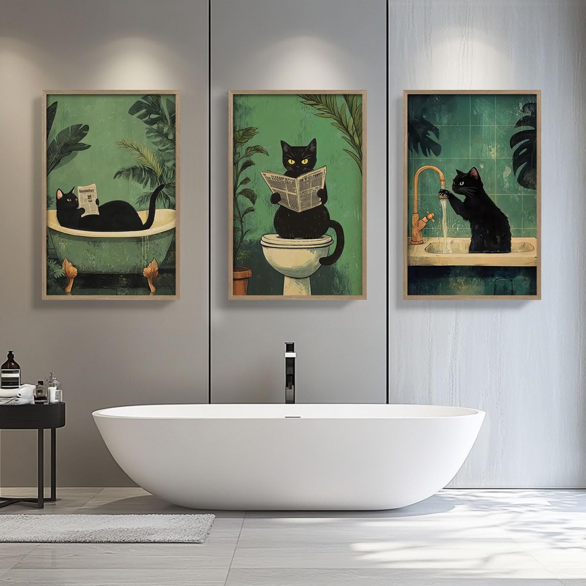 3 Pcs Wooden Framed Cute Black Cat Bathroom Wall Art Modern Style Canvas Prints Funny Posters Pictures Decorative Paintings Artworks Suitable for Living Room Bedroom Bathroom Gallery Style Design 16x24 In