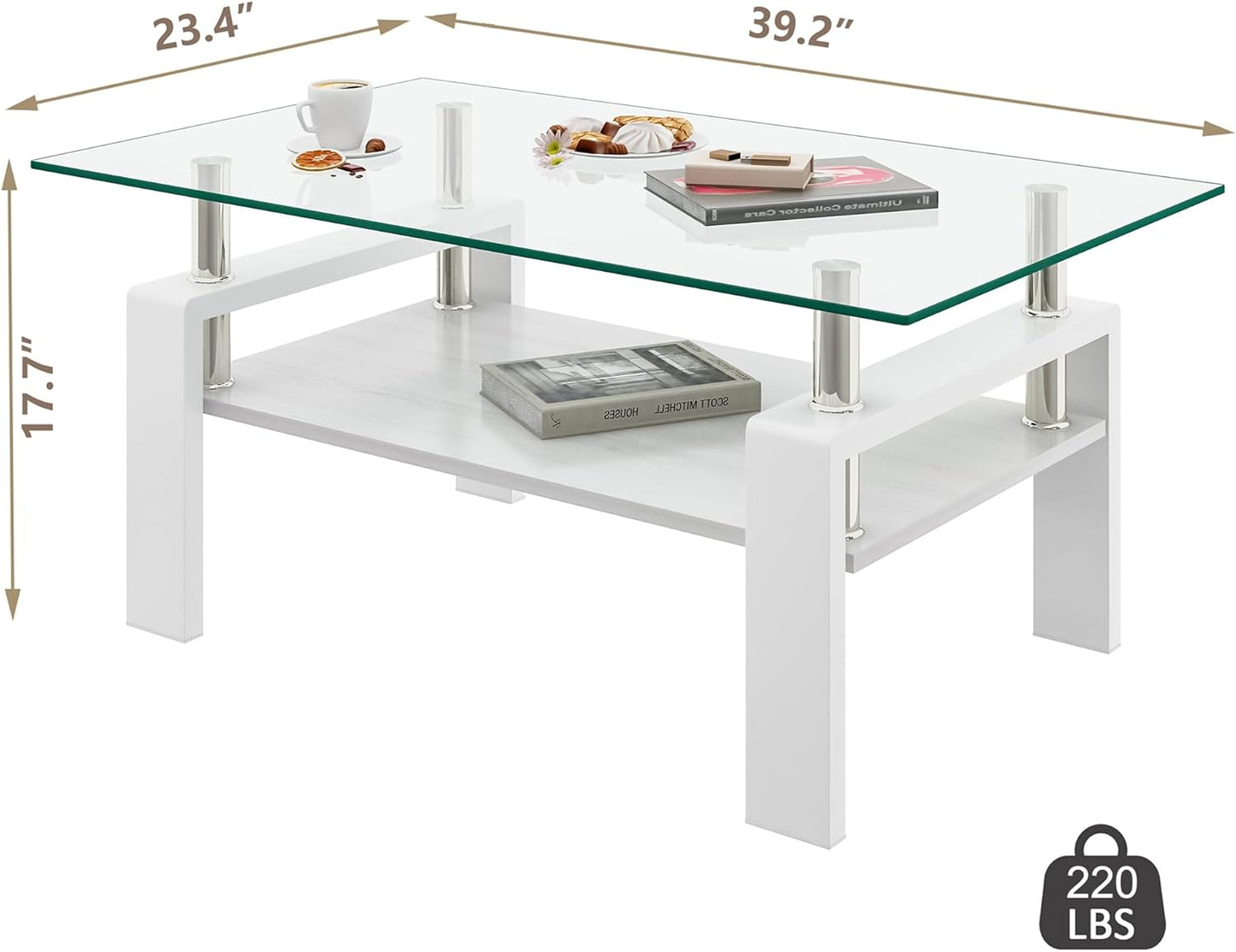 Glass Coffee Table Rectangle Living Room Center Table, with Transparent Tempered Glass Tabletop and White MDF Layer,for Living Room and Office, Transparent +White