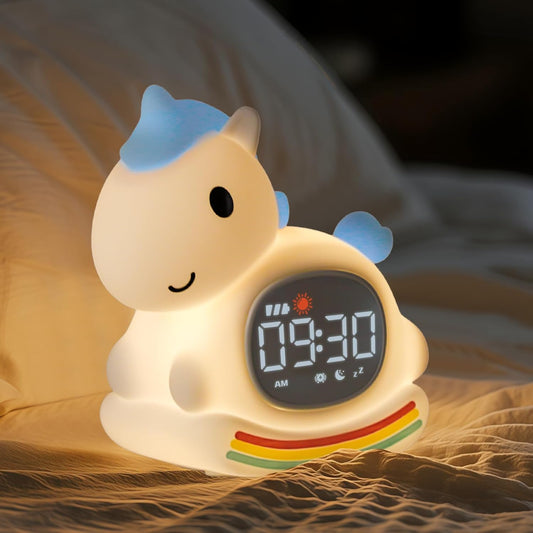 Alarm Clock for Kids with Night Light, Sleep Training Clock Time to Wake Clock, Rechargeable Silicone Light for Bedroom, Perfect Sleep Companion for Boys Girls, Blue Pony