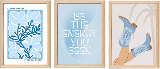 Blue Preppy Canvas Wall Art Set of 3 Trendy Cowgirl Boots Home Decor Flower Market Posters Prints Coastal Aesthetic Painting Picture for Girls Bedroom Bathroom Living Room Dorm 12x16Inch Wood Framed