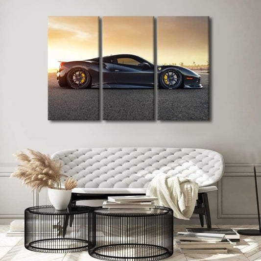 Canvas Wall Art for Boys Bedroom Black Sports Car at Sunset Wall Paintings for Living Room Supercar Office Modern Wall Art Speed Car Pictures Print On Canvas Giclee Framed Ready to Hang, 42"Wx28"H
