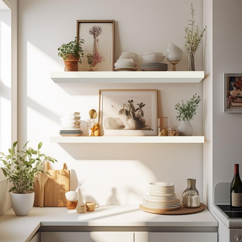 LaVie Home Floating Shelves, 24 Inch Wall Shelf Set of 2, Hanging Shelf with Invisible Brackets, Wall Decor for Bathroom, Bedroom, Living Room, Kitchen Storage, Modern White