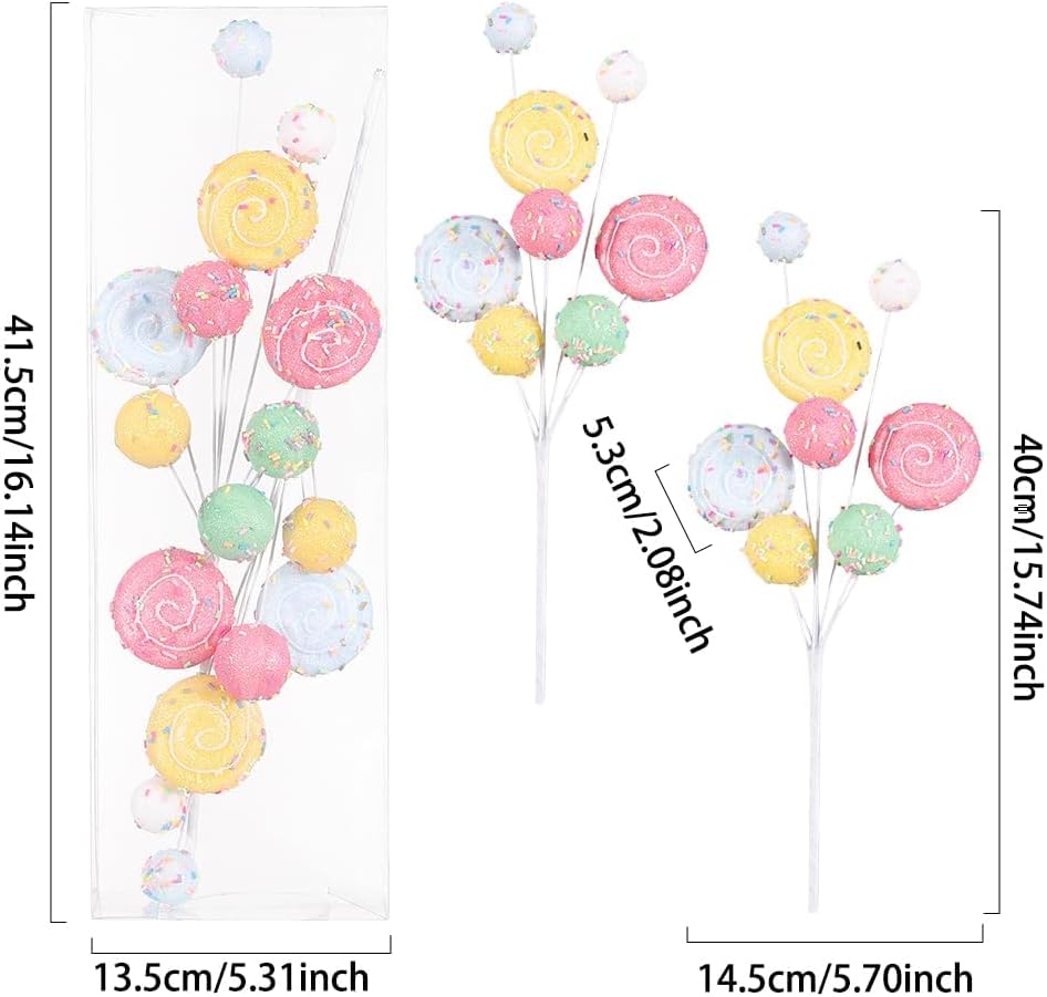 2Pcs Christmas Tree Picks Branch Decorations Macaron Topper Ornaments Candy Spray Picks Twigs Stems for Xmas Wreath Decoration New Year Party