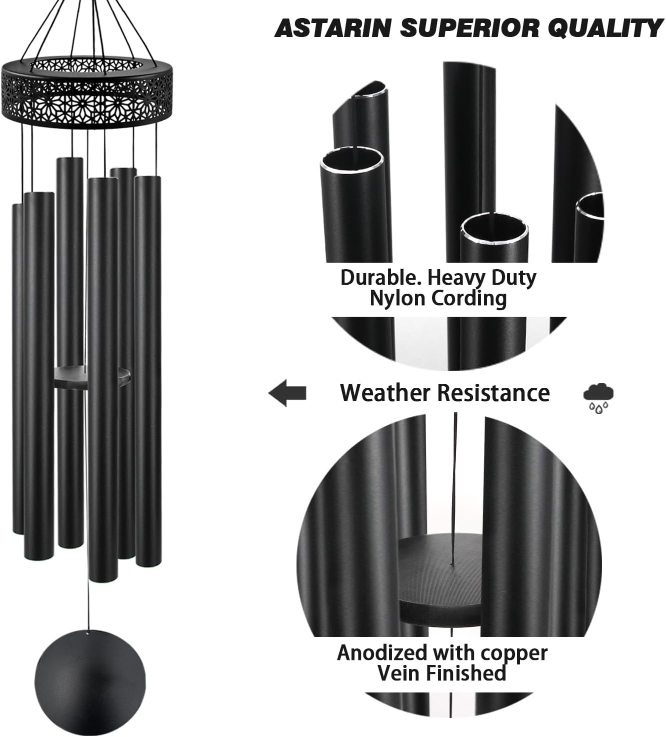 ASTARIN 60'' Deep Tone Wind Chimes for Outside -Extra Large Windchimes with 6 Heavy Tubes, Memorial Wind Chimes Outdoor for Garden Hanging Décor,Sympathy Gifts, Black
