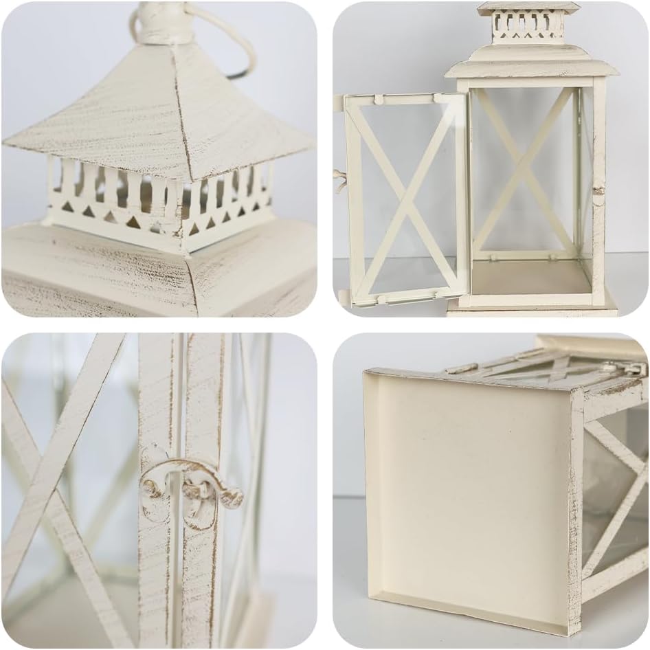 NEEDOMO Lanterns Decorative Outdoor&Indoor, Set of 4 (14"&10") Beige Metal Lantern Decor with Glass, Candle Holder for Porch, Patio, Garden, Balcony, Wedding, Table Centerpiece