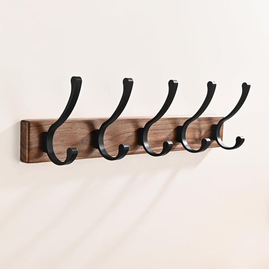 17.3" Small Wooden Coat Rack Wall Mount with 5 Hooks, Entryway Wall Hooks Coat Hanger for Hanging Towel Jacket Clothes Hat Backpack Shoe Purse Key Holder Multi Hook Rail by Black Walnut Wood
