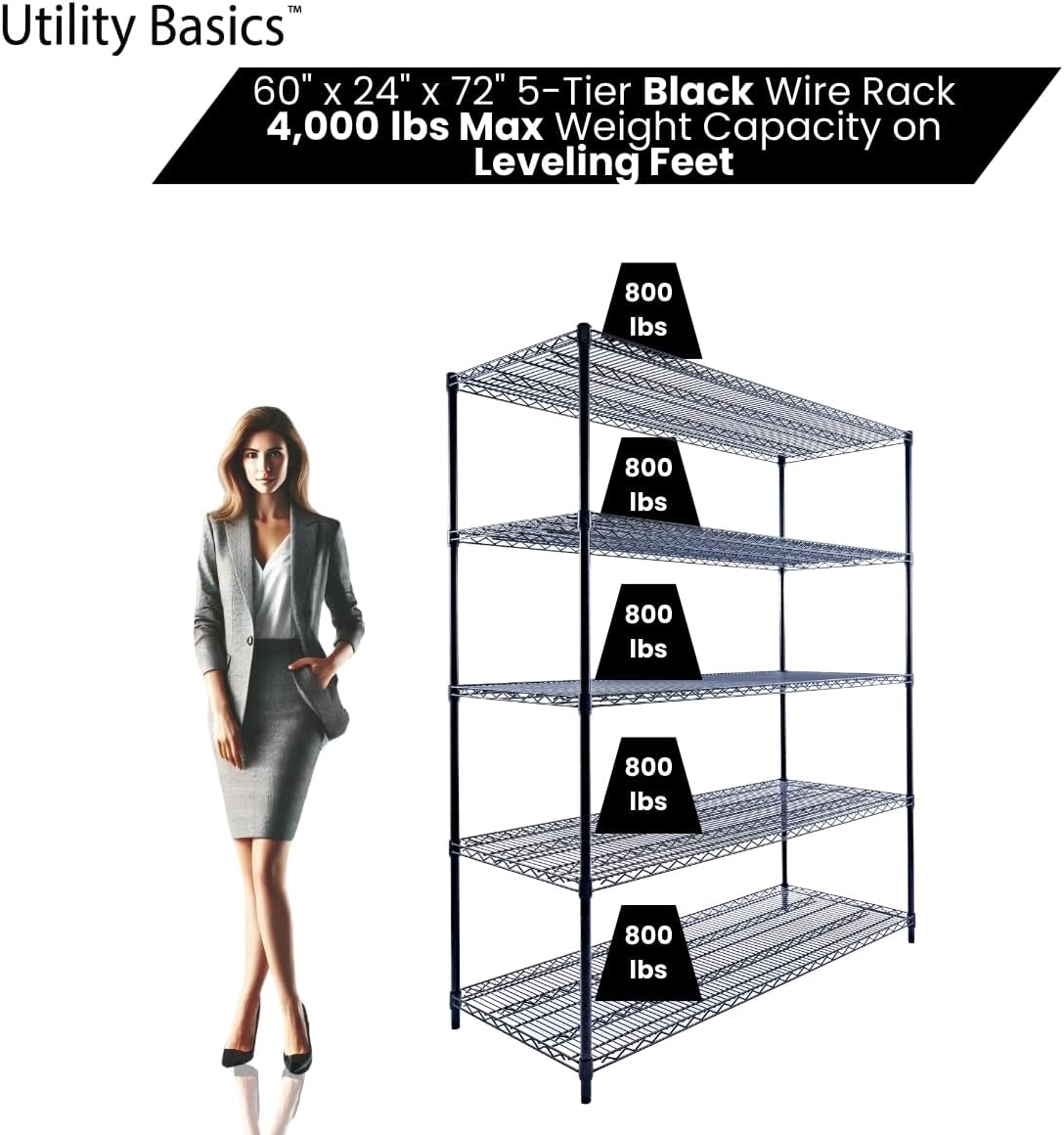 60"x24"x72" Black 5-Tier Premium Metal Wire Shelving NSF 4000 LBS MAX Capacity Heavy Duty Steel Storage Rack for Warehouse, Garage, Hospital, Commercial Space & School w/Premium Wheels