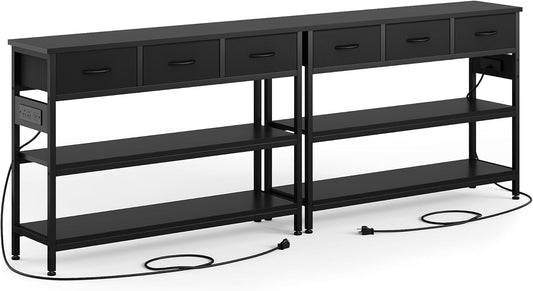 Lulive 2 Pack Entryway Table with Power Outlets, Console Table with 3 Fabric Drawers, Sofa Table for Living Room, Hallway, Couch, Foyer, Height Adjustable