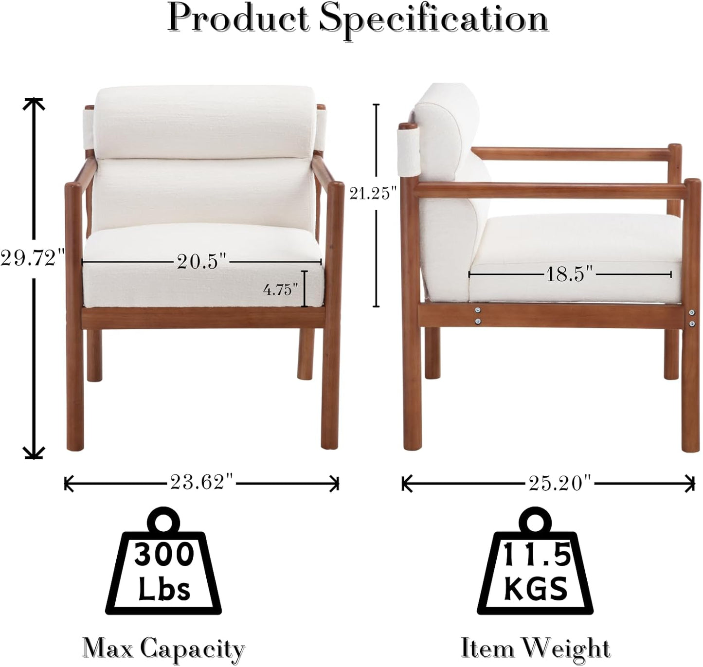 Modern Living Room Chairs Set of 2, White Upholstered Accent Chairs with Channel Tufted Back, Brown Wood Lounge Reading Arm Chairs, Linen Fabric Side Sitting Chairs for Guest Room, Balcony