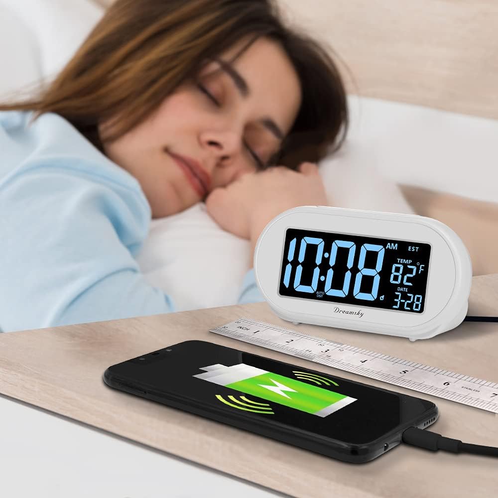 DreamSky Alarm Clocks for Bedrooms, Auto Set Digital Desk Clock for Bedside Nightstand, Electric Clock with Dimmable Brightness Dimmer, Auto DST, USB Port, Date, Temperature, Snooze