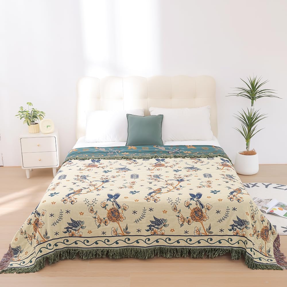 Boho 100% Organic Cotton Large Throw Blanket 50" x 60" - All Season Rustic Ultra Soft Breathable Floral Bird Blanket for Bed Sofa Couch Chair Bedspread Quilt Gift-Teal,Beige